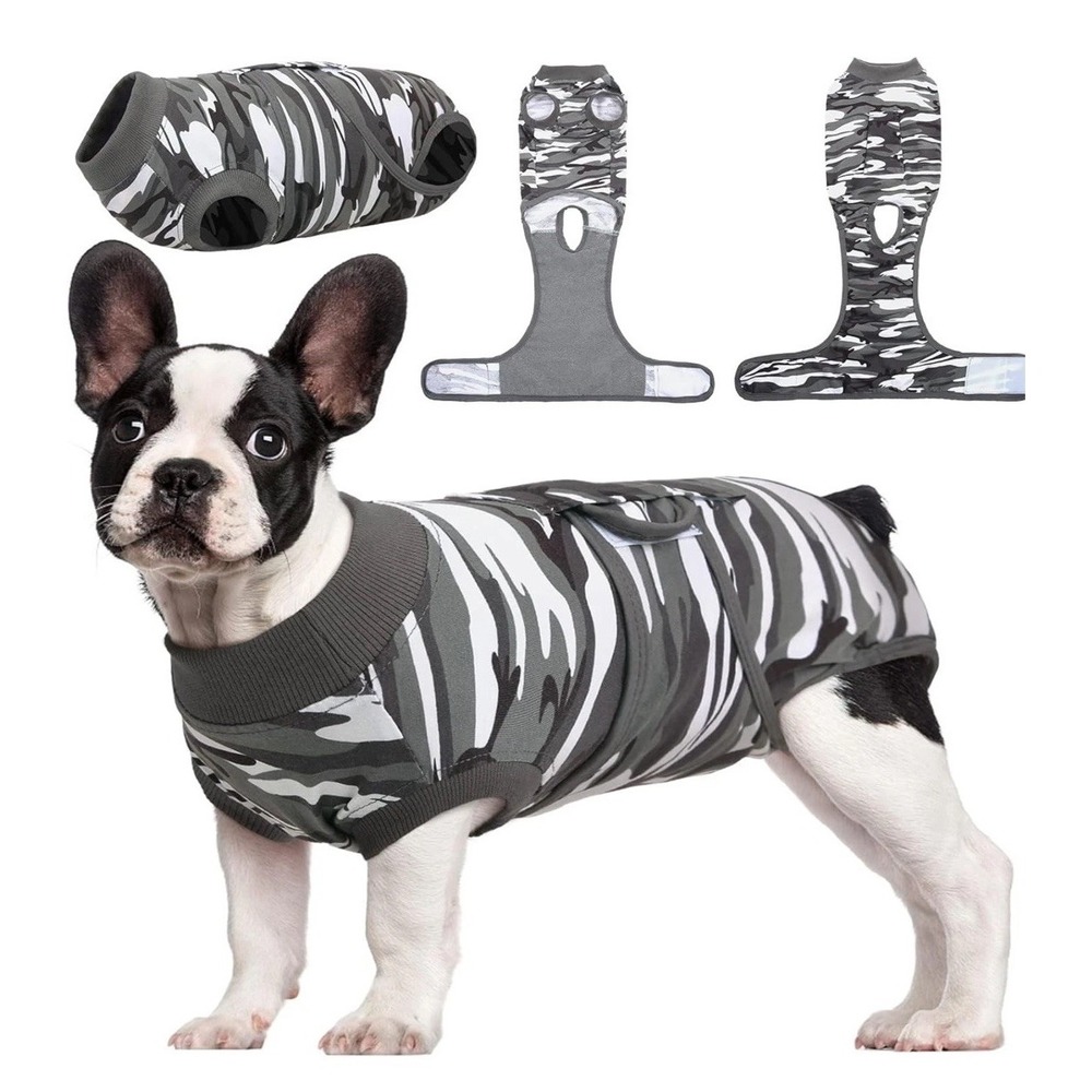 Kuoser Dog Recovery Suit Size M Grey Camo Post Surgery Shirt Cone Alternative